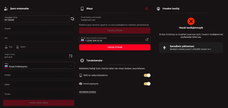 Pinco kazinosunun qeydiyyat pəncərəsi